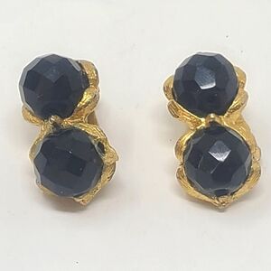 Vintage‎ earrings clip-on earring black glass beads gold tone metal